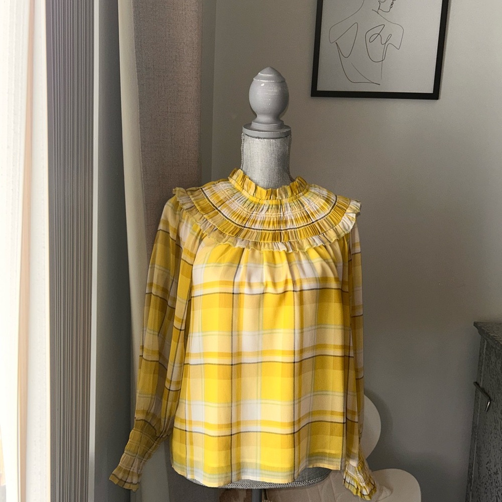 Yellow Plaid Ruffle Blouse - Picture 2 of 5